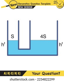 Physics, pressure and lifting force, archimedes principle, pressure of liquids and gases, containers filled with water, next generation question template, exam question, eps  
