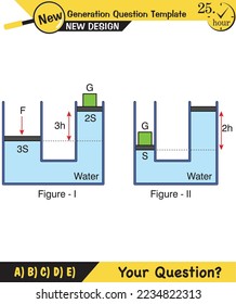 Physics, pressure and lifting force, archimedes principle, pressure of liquids and gases, containers filled with water, next generation question template, exam question, eps  
