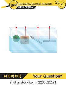 Physics, pressure and lifting force, archimedes principle, pressure of liquids and gases, containers filled with water, next generation question template, exam question, eps
