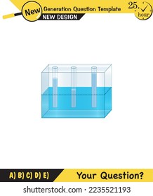 Physics, pressure and lifting force, archimedes principle, pressure of liquids and gases, containers filled with water, next generation question template, exam question, eps
