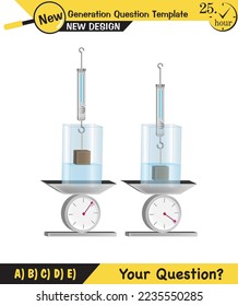 Physics, pressure and lifting force, archimedes principle, pressure of liquids and gases, containers filled with water, next generation question template, exam question, eps