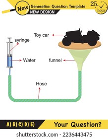 Physics, pressure and lifting force, archimedes principle, pressure of liquids and gases, containers filled with water, next generation question template, exam question, eps