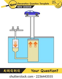 Physics, pressure and lifting force, archimedes principle, pressure of liquids and gases, containers filled with water, next generation question template, exam question, eps