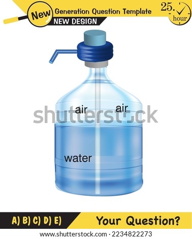 Physics, pressure and lifting force, archimedes principle, pressure of liquids and gases, containers filled with water, next generation question template, exam question, eps  
