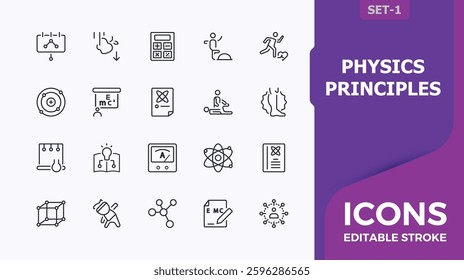 Physics Principles linear icon. Includes thin line research, laboratory, formula, scientist, experiment, science, atomic. Physics vector line icon set. Minimalist vector outline icons collection.