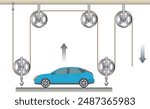 Physics. Pulley system. Lifting a load.  Loaded Movable Pulleys. Sheave. Physics experiment for education on force and motion with pulley illustration. The laws of motion. Simple Machine Pulleys diagr