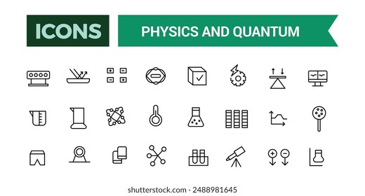 Physics and Quantum icons set. Outline icons pack. Editable vector line icon set and illustration for web and UI application.