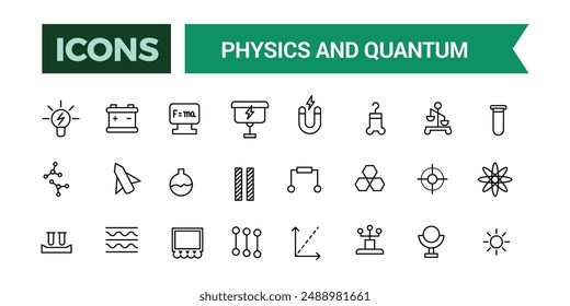 Physik und Quanten-Symbole gesetzt. Paket mit Gliederungssymbolen. Editierbare Vektorgrafik-Zeilen-Symbolsatz und -Illustration für Web- und UI-Anwendung.