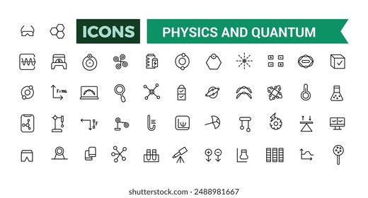 Physics and Quantum icons set. Outline icons pack. Editable vector line icon set and illustration for web and UI application.