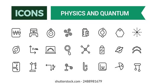 Physics and Quantum icons set. Outline icons pack. Editable vector line icon set and illustration for web and UI application.