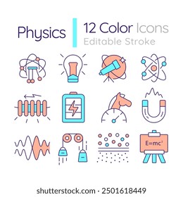 Physics RGB color icons set. School subject. Natural science. Stem education. Laboratory equipment. Isolated vector illustrations. Simple filled line drawings collection. Editable stroke