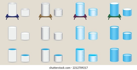 Physics. Scaled, small and large water containers. Science experiment vessels, water-filled and empty vessels on scales and scales.