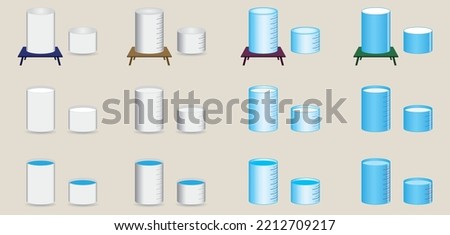 Physics. Scaled, small and large water containers. Science experiment vessels, water-filled and empty vessels on scales and scales.