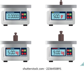 Physics scales. Digital kitchen scale and weight meter. Physics scales vector illustration in flat style.