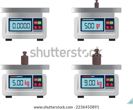 Physics scales. Digital kitchen scale and weight meter. Physics scales vector illustration in flat style.