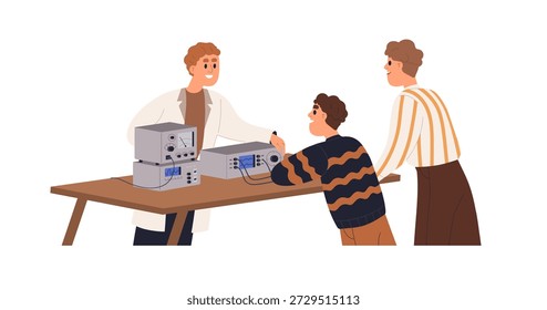 Física, laboratório da escola. Alunos professores e meninos que conduzem experimentos com equipamentos de medição na mesa. Aprender, estudar eletricidade. Ilustração de vetor plano isolada no plano de fundo branco