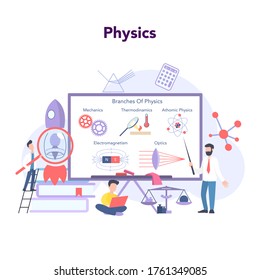 Physics school subject concept. Scientist explore electricity, magnetism, light wave and forces. Theoretical and practical study. Physics course and lesson. Isolated vector illustration