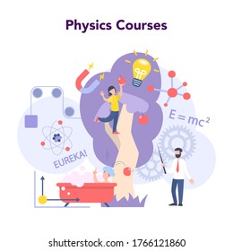 Concepto de asignatura en la escuela de física. Los científicos exploran la electricidad, el magnetismo, la ola de luz y las fuerzas. Estudio teórico y práctico. Curso y lección de física. Ilustración vectorial aislada