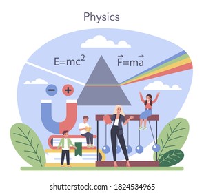 Physics school subject concept. Scientist explore electricity, magnetism, light wave and forces. Theoretical and practical study. Physics lesson and experiment. Isolated vector illustration