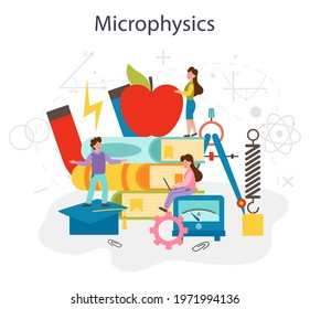 Physics school subject concept. Scientist explore electricity, magnetism, light wave and forces. Theoretical and practical study. Physics lesson and experiment. Isolated vector illustration
