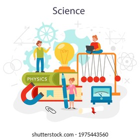 Physics school subject concept. Scientist explore electricity, magnetism, light wave and forces. Theoretical and practical study. Physics lesson and experiment. Isolated vector illustration