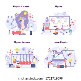 Physics school subject concept set. Scientist explore electricity, magnetism, light wave and forces. Theoretical and practical study. Physics course and lesson. Isolated vector illustration