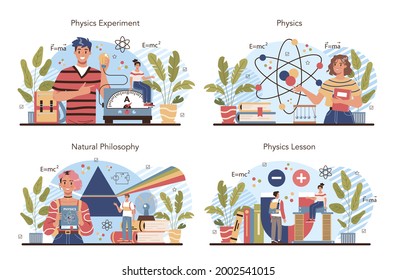 Physics school subject concept set. Students explore electricity, magnetism, light wave and forces. Theoretical and practical study. Physics course and lesson. Isolated vector illustration