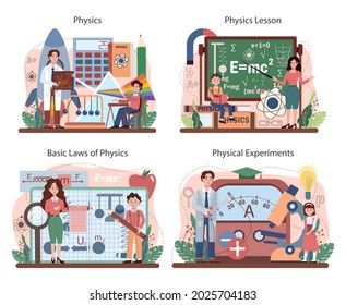 Physics school subject concept set. Students explore electricity, magnetism, light wave and forces. Theoretical and practical study. Physics course and lesson. Isolated vector illustration