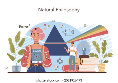 Physics school subject concept. Students explore electricity, magnetism, light wave and forces. Theoretical and practical study. Physics course and lesson. Isolated vector illustration