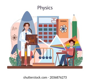 Physics school subject concept. Students explore electricity, magnetism, light wave and forces. Theoretical and practical study. Physics course and lesson. Isolated vector illustration
