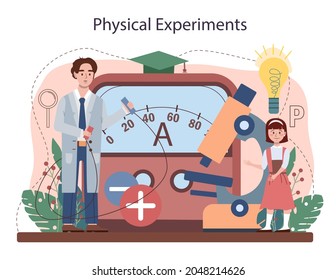 Physics school subject concept. Students explore electricity, magnetism, light wave and forces. Theoretical and practical study. Physics course and lesson. Isolated vector illustration