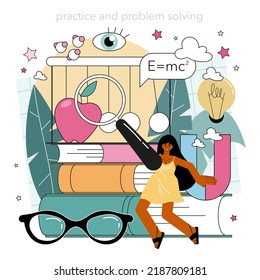 Physics school subject concept. Students explore electricity, magnetism, light wave and forces. Theoretical and practical study. Physics course and lesson. Flat vector illustration