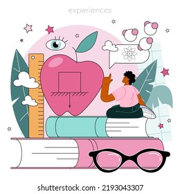 Physics school subject concept. Students explore electricity, magnetism, light wave and forces. Theoretical and practical study. Physics course and lesson. Flat vector illustration