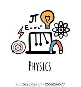 Physics school subject, discipline in college or university. Vector flat cartoon icons for students curriculum. Education and obtaining knowledge about word and matters, gravity and electricity