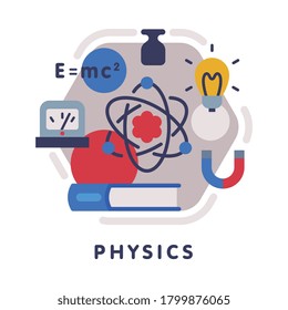 Physics School Subject Icon, Education and Science Discipline with Related Elements Flat Style Vector Illustration