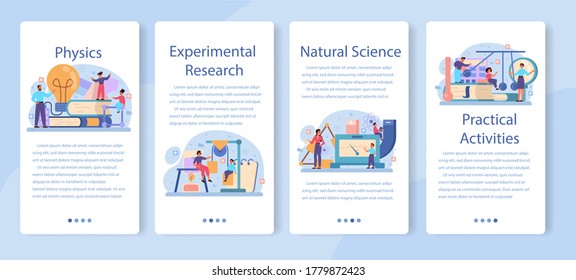 Physics school subject mobile application banner set. Scientist explore electricity, magnetism, light wave and forces. Physics course and lesson. Isolated vector illustration