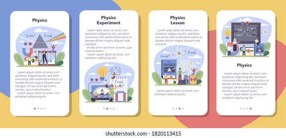 Physics school subject mobile application banner set. Scientist explore electricity, magnetism, light wave and forces. Physics lesson and experiment. Vector illustration