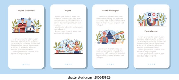 Physics school subject mobile application banner set. Students explore electricity, magnetism, light wave and forces. Theoretical and practical study. Physics course. Flat vector illustration