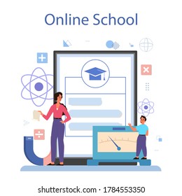 Physics school subject online service or platform set. Scientist explore electricity, magnetism, light wave and forces. Online school. Isolated vector illustration
