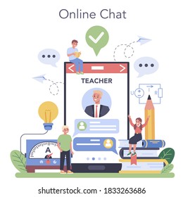 Physics school subject online service or platform. Scientist explore electricity, magnetism, light wave and forces. Online chat with professor. Isolated vector illustration