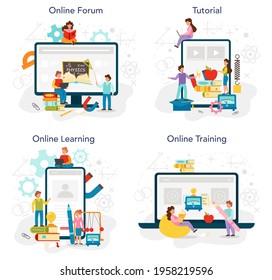 Physics school subject online service or platform set. Scientist