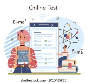 Physics school subject online service or platform. Students explore electricity, magnetism, light wave and forces. Online test. Flat vector illustration