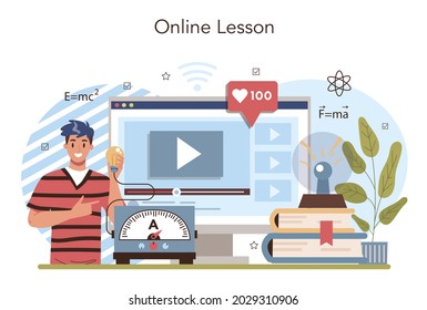 Physics school subject online service or platform. Students explore electricity, magnetism, light wave and forces. Online lesson. Flat vector illustration
