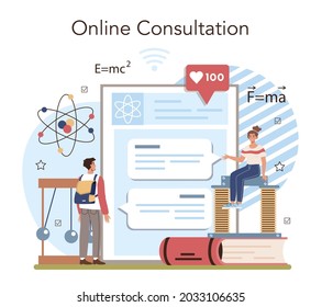 Physics school subject online service or platform. Students explore electricity, magnetism, light wave and forces. Online consultation. Flat vector illustration