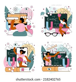 Physics school subject online service or platform set. Students explore electricity, magnetism and forces. Theoretical and practical study. Online education, call, website. Flat vector illustration