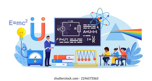 Curso de la escuela de física. Alumnos que estudian electricidad, magnetismo, onda luminosa y fuerza en el aula. Maestra apuntando a la pizarra, enseñando a los niños. Los niños en los escritorios aprenden ciencias físicas