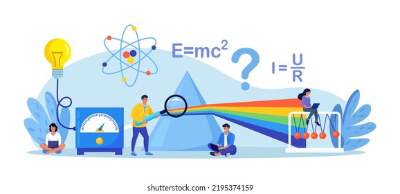 Physics school subject. Scientists explore electricity, light wave, magnetism, forces. Theoretical and practical study. Physics lesson and scientific experiment in laboratory. Physical science