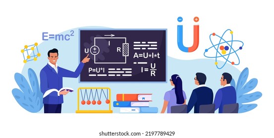 Physics School Subject. Student Studying Electricity, Magnetism, Light Wave And Force In Classroom. Teacher Pointing At Chalkboard, Teaching Kids. People At Desks Learn Physical Science