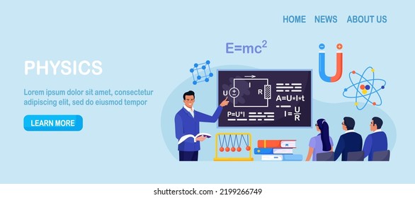 Physics school subject. Student studying electricity, magnetism, light wave and force in classroom. Teacher pointing at chalkboard, teaching kids. People at desks learn physical science