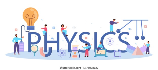 Physics school subject typographic header concept. Scientist explore electricity, magnetism, light wave and forces. Theoretical and practical study. Isolated vector illustration